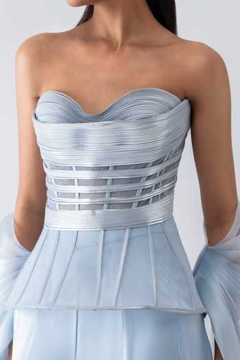 Buy_Amit Aggarwal_Blue Crepe, Chiffon, Polyester, Tulle, Jersey Metallic Structured Cape Pant Set _Online_at_Aza_Fashions