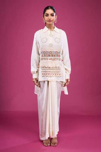 Aseem Kapoor Ivory Embroidery, Mirrors, Tassels Collared Overlay And Draped Skirt Set Online at Aza Fashions Aseem Kapoor_Ivory Embroidery, Mirrors, Tassels Collared Overlay And Draped Skirt Set _Online_at_Aza_Fashions