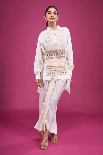 Buy Aseem Kapoor Ivory Embroidery, Mirrors, Tassels Collared Overlay And Draped Skirt Set Online at Aza Fashions Buy_Aseem Kapoor_Ivory Embroidery, Mirrors, Tassels Collared Overlay And Draped Skirt Set _Online_at_Aza_Fashions