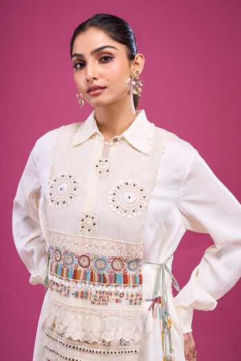 Shop Aseem Kapoor Ivory Embroidery, Mirrors, Tassels Collared Overlay And Draped Skirt Set Online at Aza Fashions Shop_Aseem Kapoor_Ivory Embroidery, Mirrors, Tassels Collared Overlay And Draped Skirt Set _Online_at_Aza_Fashions