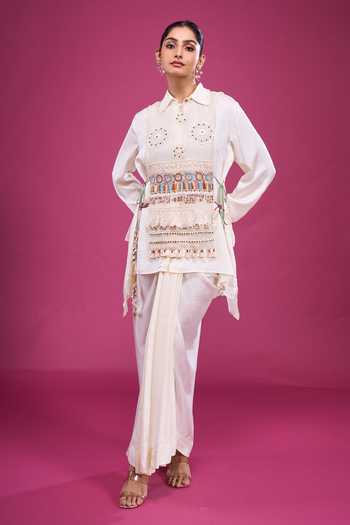 Shop Aseem Kapoor Ivory Embroidery, Mirrors, Tassels Collared Overlay And Draped Skirt Set Shop_Aseem Kapoor_Ivory Embroidery, Mirrors, Tassels Collared Overlay And Draped Skirt Set