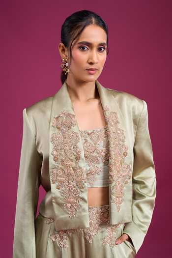 Shop Anamika Khanna Green Shawl , Square Embroidered Jacket Pant Set Online at Aza Fashions Shop_Anamika Khanna_Green Shawl , Square Embroidered Jacket Pant Set _Online_at_Aza_Fashions