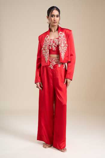 Anamika Khanna_Red Square Neck Zardozi Work Jacket Pant Set _Online_at_Aza_Fashions