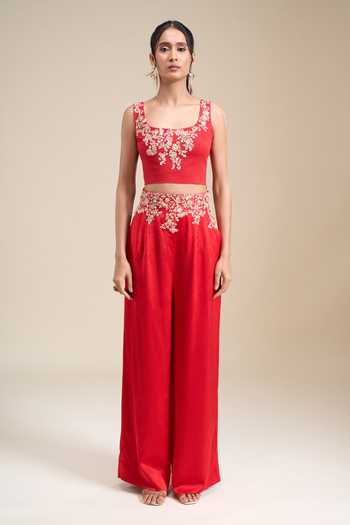 Buy_Anamika Khanna_Red Square Neck Zardozi Work Jacket Pant Set _Online_at_Aza_Fashions