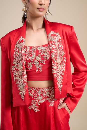 Shop_Anamika Khanna_Red Square Neck Zardozi Work Jacket Pant Set _Online_at_Aza_Fashions