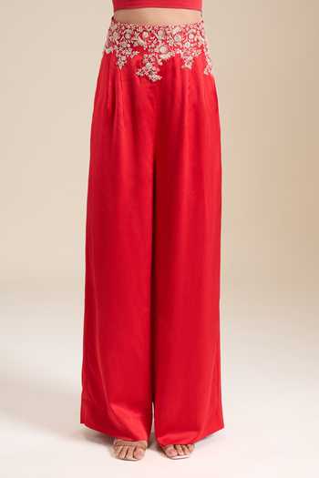 Anamika Khanna_Red Square Neck Zardozi Work Jacket Pant Set _at_Aza_Fashions