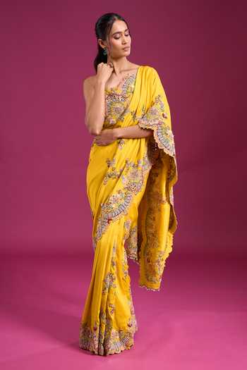 Anamika Khanna_Yellow Embroidered Saree With Unstitched Blouse Piece _Online_at_Aza_Fashions