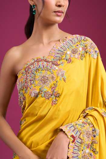 Shop_Anamika Khanna_Yellow Embroidered Saree With Unstitched Blouse Piece _Online_at_Aza_Fashions