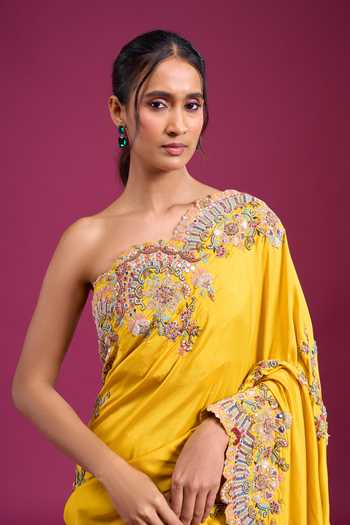 Anamika Khanna_Yellow Embroidered Saree With Unstitched Blouse Piece _at_Aza_Fashions