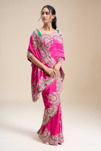 Anamika Khanna_Fuchsia Floral Embroidered Saree With Unstitched Blouse Piece _Online_at_Aza_Fashions