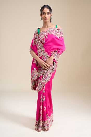 Buy_Anamika Khanna_Fuchsia Floral Embroidered Saree With Unstitched Blouse Piece _Online_at_Aza_Fashions