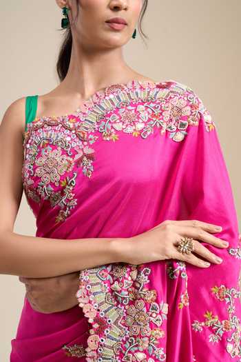 Anamika Khanna_Fuchsia Floral Embroidered Saree With Unstitched Blouse Piece _at_Aza_Fashions