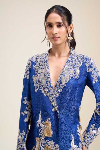 Anamika Khanna Blue Floral Embroidered Blazer And Draped Skirt Set Online at Aza Fashions Anamika Khanna_Blue Floral Embroidered Blazer And Draped Skirt Set _Online_at_Aza_Fashions