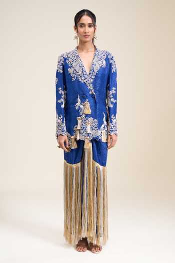 Buy Anamika Khanna Blue Floral Embroidered Blazer And Draped Skirt Set Online at Aza Fashions Buy_Anamika Khanna_Blue Floral Embroidered Blazer And Draped Skirt Set _Online_at_Aza_Fashions