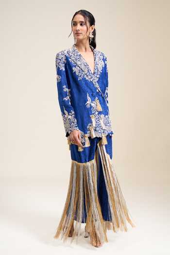 Shop Anamika Khanna Blue Floral Embroidered Blazer And Draped Skirt Set Online at Aza Fashions Shop_Anamika Khanna_Blue Floral Embroidered Blazer And Draped Skirt Set _Online_at_Aza_Fashions