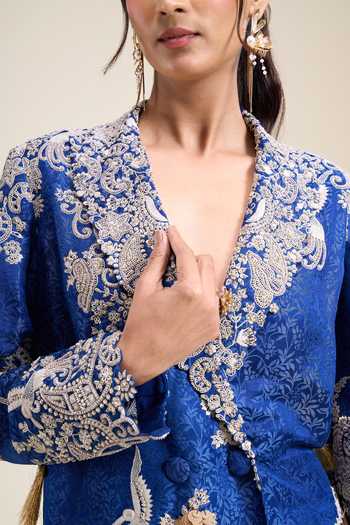 Buy Anamika Khanna Blue Floral Embroidered Blazer And Draped Skirt Set Buy_Anamika Khanna_Blue Floral Embroidered Blazer And Draped Skirt Set