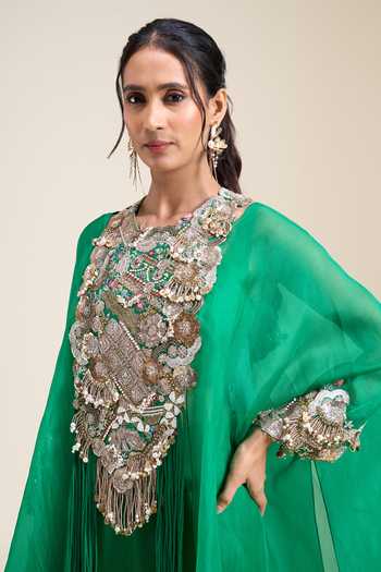 Shop_Anamika Khanna_Green Round , Square Embroidered Cape Palazzo Set _Online_at_Aza_Fashions