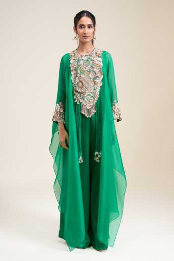 Buy_Anamika Khanna_Green Round , Square Embroidered Cape Palazzo Set 