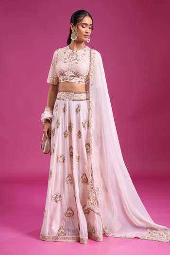 Anamika Khanna_Pink Round Neck Embroidered Lehenga Set _Online_at_Aza_Fashions
