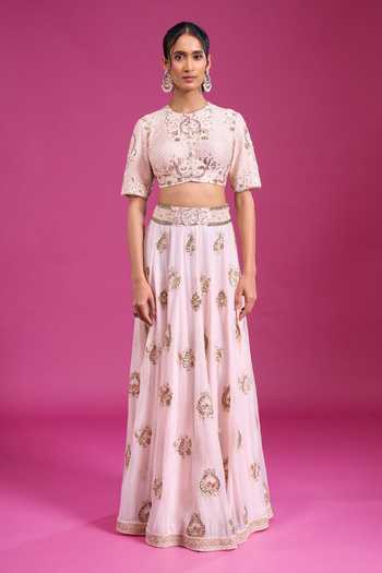 Shop_Anamika Khanna_Pink Round Neck Embroidered Lehenga Set _Online_at_Aza_Fashions