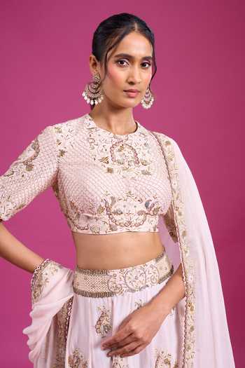 Anamika Khanna_Pink Round Neck Embroidered Lehenga Set _at_Aza_Fashions