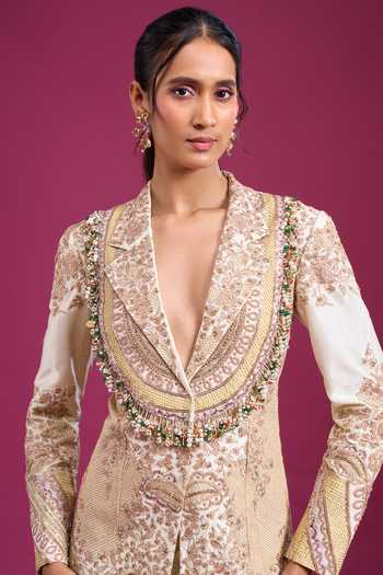 Anamika Khanna Ivory Embroidered Blazer And Draped Skirt Set Online at Aza Fashions Anamika Khanna_Ivory Embroidered Blazer And Draped Skirt Set _Online_at_Aza_Fashions