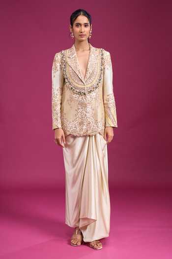 Shop Anamika Khanna Ivory Embroidered Blazer And Draped Skirt Set Online at Aza Fashions Shop_Anamika Khanna_Ivory Embroidered Blazer And Draped Skirt Set _Online_at_Aza_Fashions
