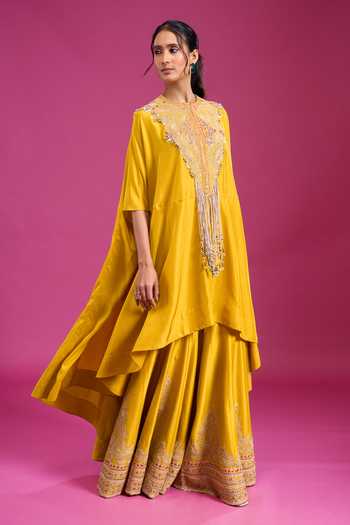 Anamika Khanna_Yellow Round Neck Embroidered Cape And Gharara Set _Online_at_Aza_Fashions