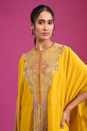Buy_Anamika Khanna_Yellow Round Neck Embroidered Cape And Gharara Set _Online_at_Aza_Fashions