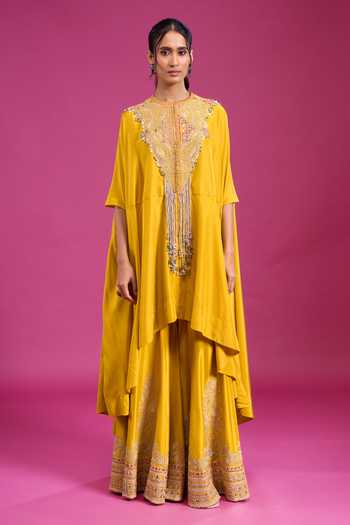 Shop_Anamika Khanna_Yellow Round Neck Embroidered Cape And Gharara Set _Online_at_Aza_Fashions