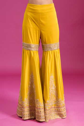 Anamika Khanna_Yellow Round Neck Embroidered Cape And Gharara Set _at_Aza_Fashions