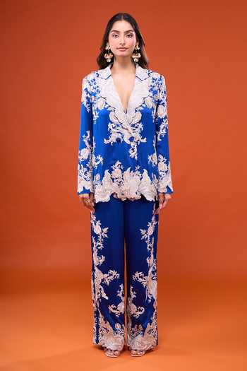 Buy_Anamika Khanna_Blue Embroidered Blazer And Pant Co-ord Set _Online_at_Aza_Fashions