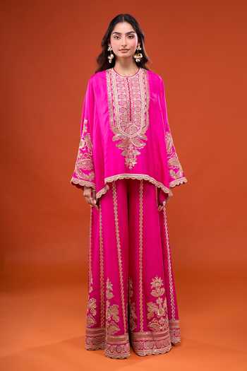 Anamika Khanna_Fuchsia Round Neck Embroidered Cape And Sharara Set _Online_at_Aza_Fashions