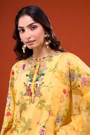 Shop_Anamika Khanna_Mustard Round Neck Printed Kurta Set _Online_at_Aza_Fashions