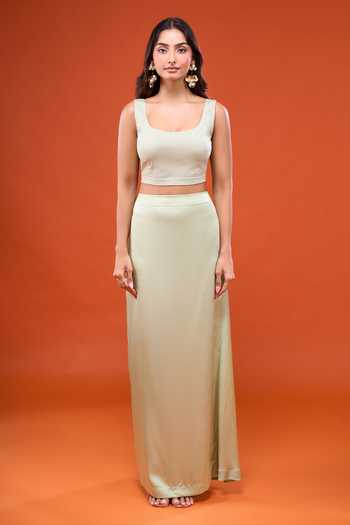 Anamika Khanna_Green Mandarin Collar Embroidered Cape And Skirt Set _Online_at_Aza_Fashions