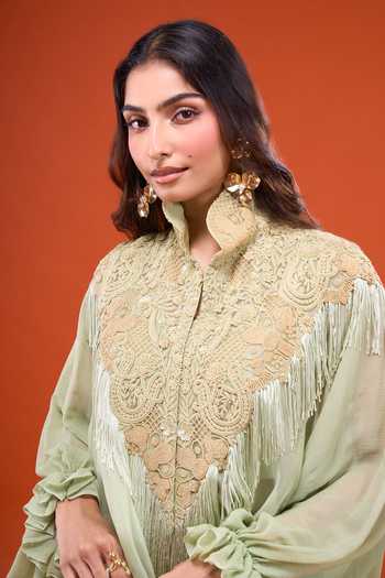 Buy_Anamika Khanna_Green Mandarin Collar Embroidered Cape And Skirt Set _Online_at_Aza_Fashions
