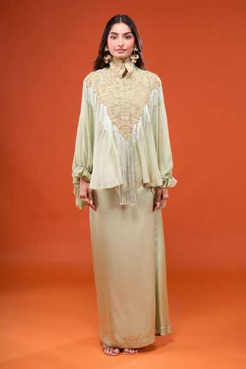 Shop_Anamika Khanna_Green Mandarin Collar Embroidered Cape And Skirt Set _Online_at_Aza_Fashions