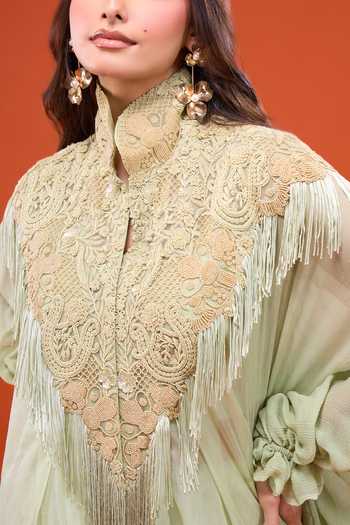 Anamika Khanna_Green Mandarin Collar Embroidered Cape And Skirt Set _at_Aza_Fashions
