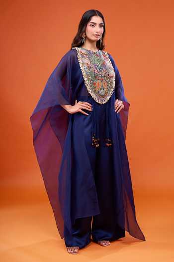 Anamika Khanna Blue Square Neck Embroidered Cape And Pant Set at Aza Fashions Anamika Khanna_Blue Square Neck Embroidered Cape And Pant Set _at_Aza_Fashions