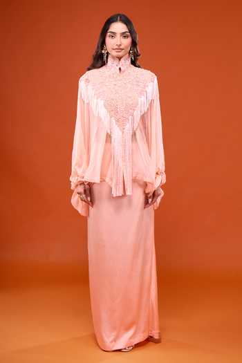 Anamika Khanna_Pink High Neck Embroidered Cape And Straight Skirt Set _Online_at_Aza_Fashions