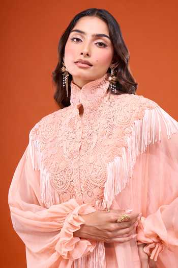 Buy_Anamika Khanna_Pink High Neck Embroidered Cape And Straight Skirt Set _Online_at_Aza_Fashions