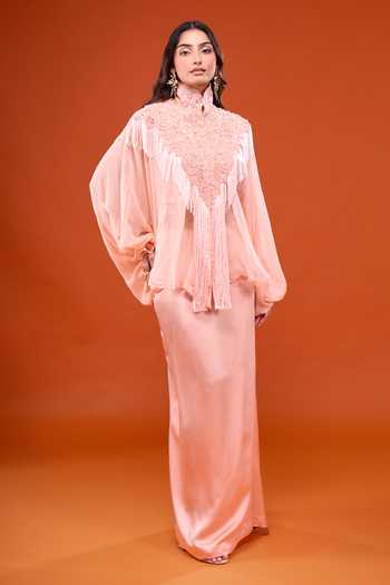Anamika Khanna_Pink High Neck Embroidered Cape And Straight Skirt Set _at_Aza_Fashions