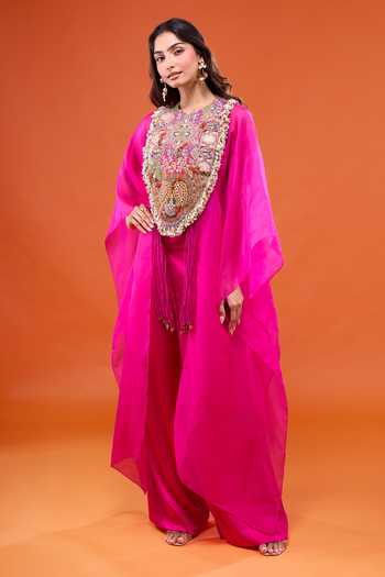 Anamika Khanna_Fuchsia Round Neck Embroidered Cape Pant Set _Online_at_Aza_Fashions