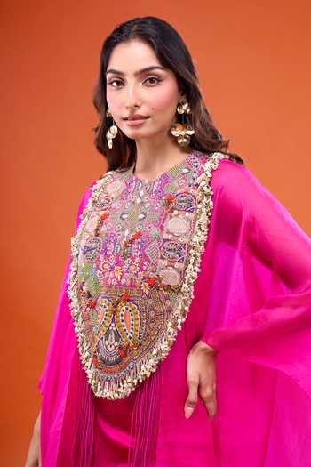 Shop_Anamika Khanna_Fuchsia Round Neck Embroidered Cape Pant Set _Online_at_Aza_Fashions