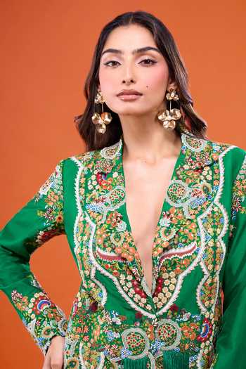 Anamika Khanna Emerald Green Embroidered Long Coat And Draped Dhoti Skirt Set Online at Aza Fashions Anamika Khanna_Emerald Green Embroidered Long Coat And Draped Dhoti Skirt Set _Online_at_Aza_Fashions