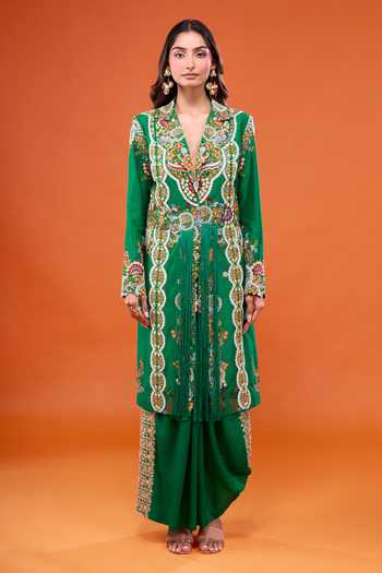 Buy Anamika Khanna Emerald Green Embroidered Long Coat And Draped Dhoti Skirt Set Online at Aza Fashions Buy_Anamika Khanna_Emerald Green Embroidered Long Coat And Draped Dhoti Skirt Set _Online_at_Aza_Fashions