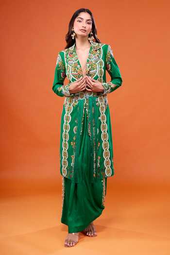 Shop Anamika Khanna Emerald Green Embroidered Long Coat And Draped Dhoti Skirt Set Online at Aza Fashions Shop_Anamika Khanna_Emerald Green Embroidered Long Coat And Draped Dhoti Skirt Set _Online_at_Aza_Fashions