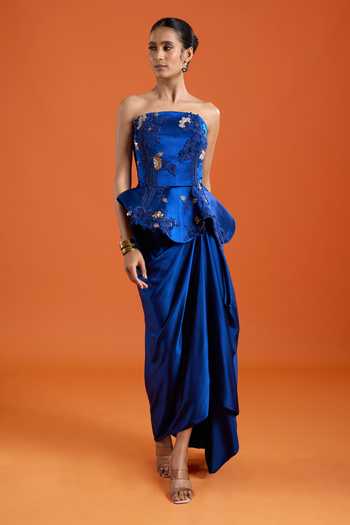 Anamika Khanna Blue Bandeau Neck Embroidered Blouse And Skirt Set Online at Aza Fashions Anamika Khanna_Blue Bandeau Neck Embroidered Blouse And Skirt Set _Online_at_Aza_Fashions