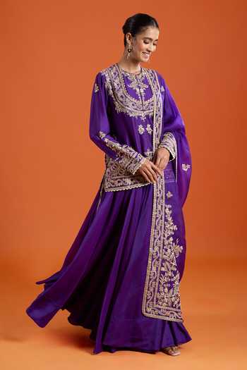 Shop Anamika Khanna Purple Round Neck, Yes Embroidered Kurta Lehenga Set Online at Aza Fashions Shop_Anamika Khanna_Purple Round Neck, Yes Embroidered Kurta Lehenga Set _Online_at_Aza_Fashions