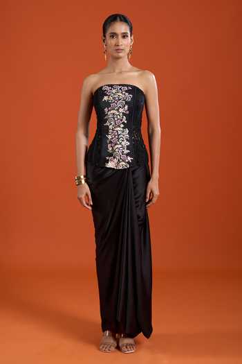 Shop Anamika Khanna Pink Bandeau Neck Placement Embroidered Top And Skirt Set Online at Aza Fashions Shop_Anamika Khanna_Pink Bandeau Neck Placement Embroidered Top And Skirt Set _Online_at_Aza_Fashions
